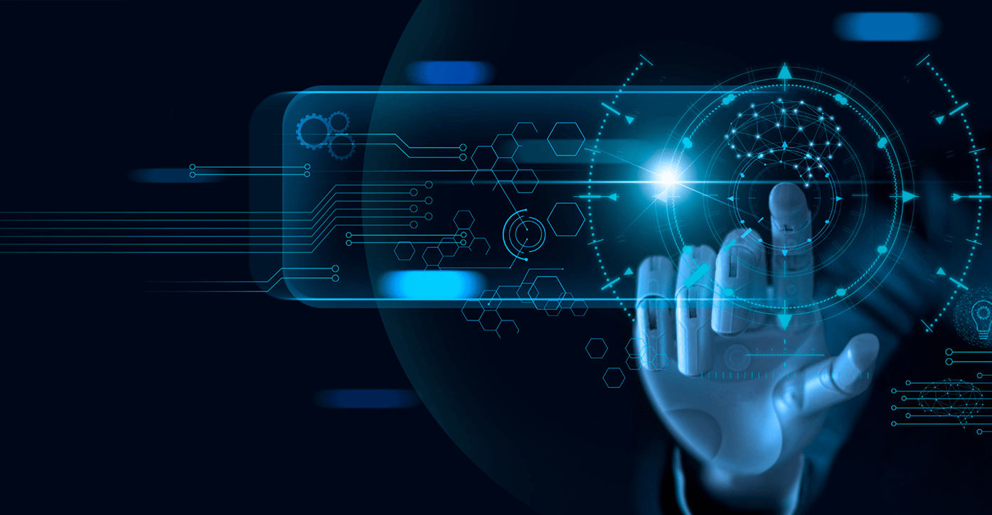 Mão interagindo com tecnologia holográfica futurista, representando inovação industrial